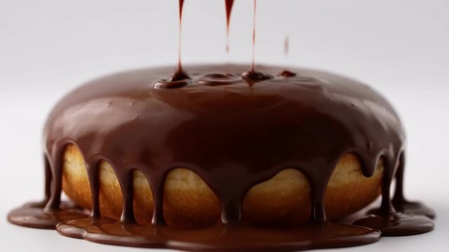 Delicious chocolate glaze being poured over a freshly baked donut, close up shot.