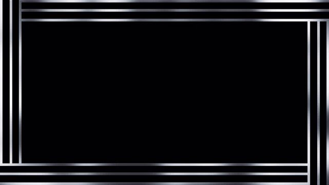 Elegant silver frame with animated geometric lines and metallic sparkling light reflection. Luxury silver border on transparent alpha channel background for video overlay