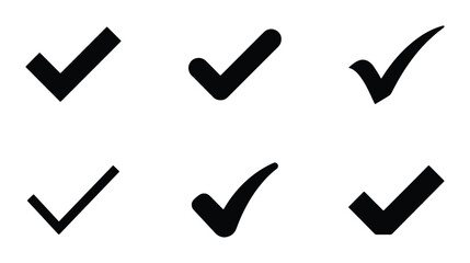 Set of Six Black Check Mark Icons, Simple Tick Symbols, Graphic Design Elements for Approval and Confirmation © Jannatul