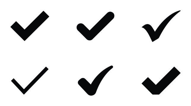 Set of Six Black Check Mark Icons, Simple Tick Symbols, Graphic Design Elements for Approval and Confirmation