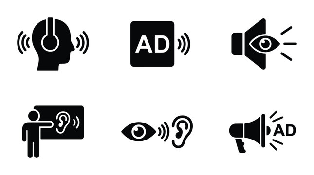 Advertising Icons Set: Audio, Visual, and Audience Engagement Symbols for Marketing and Media