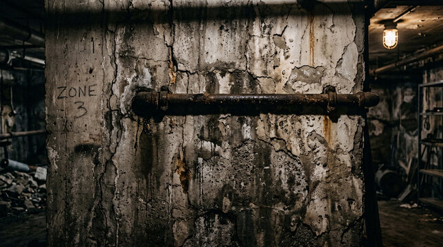 Industrial concrete wall texture with rustic pipe shadow and weathered rust stains