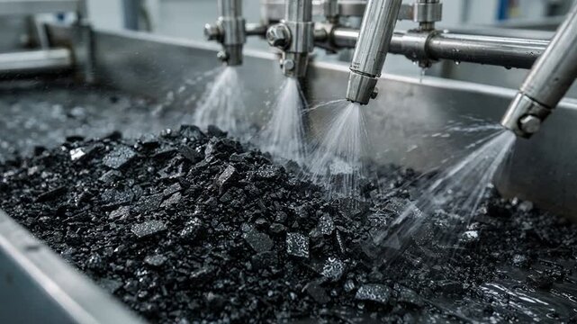 Medium shot focusing on spray nozzles targeting rubber crumbs on a wet conveyor belt illustrating precision water spray cleaning and the dynamic motion of coagulated rubber