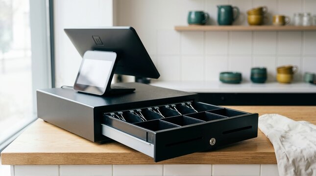 Open empty cash register drawer on a wooden counter. Modern black point of sale terminal in a cafe. Retail business bankruptcy concept