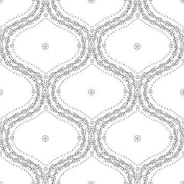 Seamless pattern with black linear floral ogee geometrical motifs on a white background