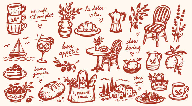 French countryside cafe doodle set with coffee, croissants, bread, olives, wine, and rustic village elements. Hand drawn illustration perfect for menus, packaging, and cafe branding.