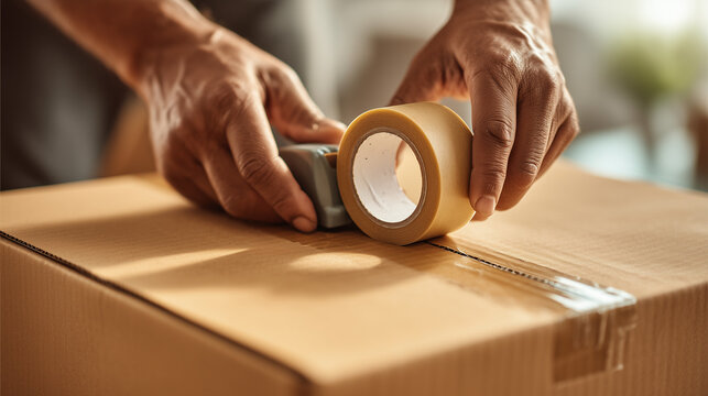Close-up of hands sealing a cardboard box with adhesive tape dispenser. Moving house, packaging, shipping, delivery, storage, relocation, logistics and e-commerce concept.
