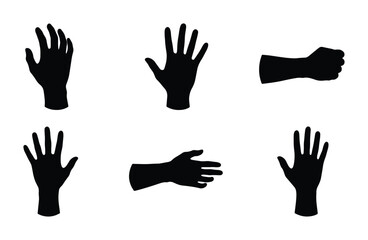 Fototapeta premium Black Silhouette Hand Gestures, Vector Icons Set: Open Palm, Fist, Reaching, Waving, Communication, Human Body Parts