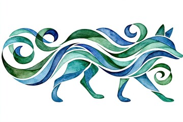 Naklejka premium Stylized watercolor fox illustration with flowing blue and green waves