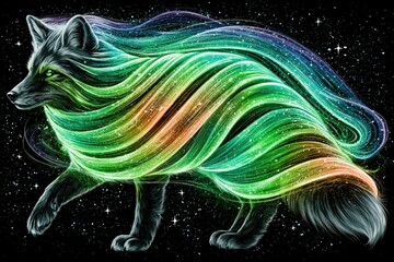 Naklejka premium Fantasy fox with flowing rainbow mane in starry cosmic background