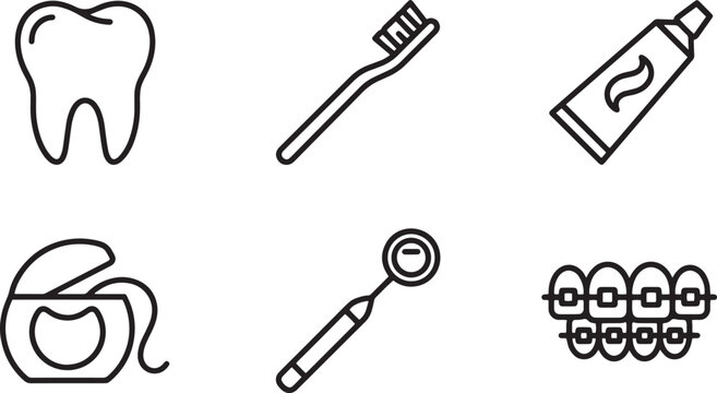 Dental hygiene and oral health icons set featuring tooth, toothbrush, toothpaste tube, dental floss, mirror, and braces in simple outline style.