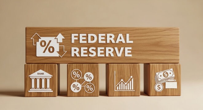 Wooden blocks representing Federal Reserve concepts, including interest rates, banking, and financial growth, on a beige background