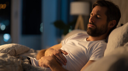 Fototapeta premium Adult man lying in bed holding abdomen and experiencing stomach pain at night. Digestive discomfort, abdominal cramps, illness and healthcare concept.