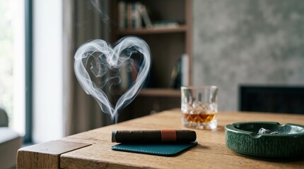 Obraz premium Heart shaped smoke ring rising from a lit cigar. Whiskey glass and green ashtray on a wooden table