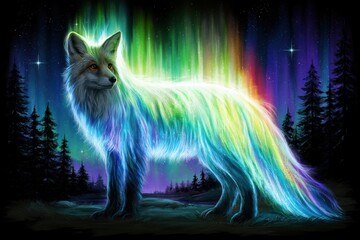 Naklejka premium Spirit fox with aurora borealis fur in dark forest under starry sky