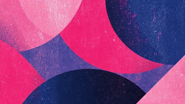 Close up geometric abstraction intersecting circles in bright pink and deep navy blue with distressed vintage grain