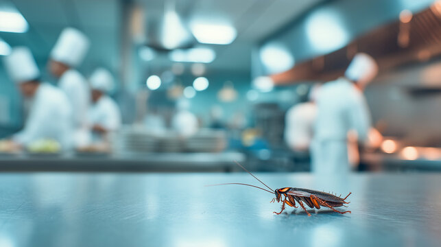 Cockroach on stainless steel surface inside professional kitchen with chefs blurred in background. Food safety, hygiene violation, pest control and contamination risk concept.