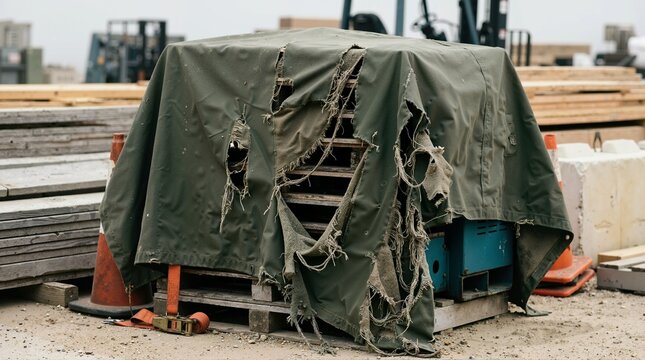 Shredded green canvas tarp covering wooden pallets on a construction site. Torn and weathered protective cover in an industrial yard