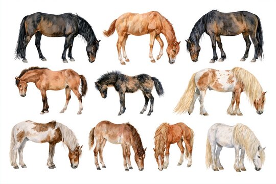 Collection of nine watercolor horses grazing on a white background