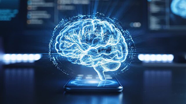 Dynamic AI brain projection from a mobile phone, illustrating advanced machine intelligence, cognitive computing, and digital innovation