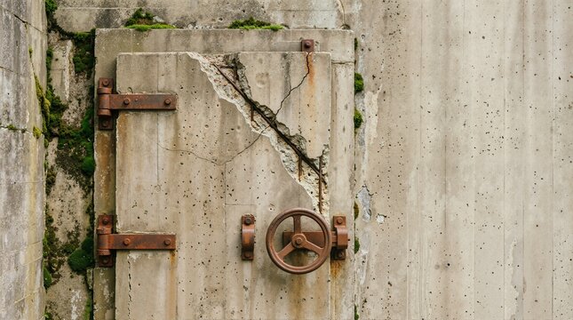 Weathered concrete bunker door with a large crack exposing rebar. Old abandoned military shelter with rusty hinges and wheel handle