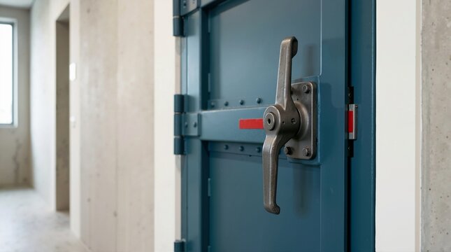 Heavy blue steel blast door with industrial rotating handle. Secure vault or bunker entrance in a concrete corridor