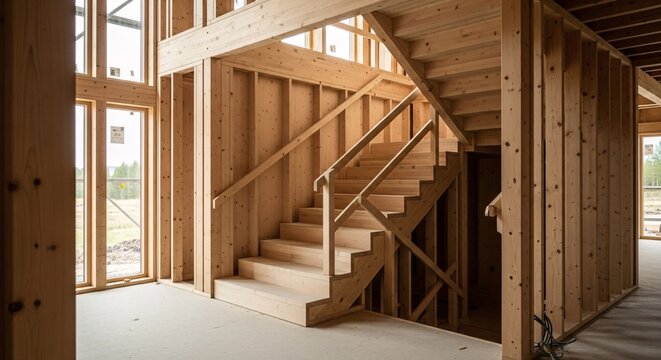 Modern wooden staircase inside a new construction home with large windows and exposed wood framing for residential interior design and architecture