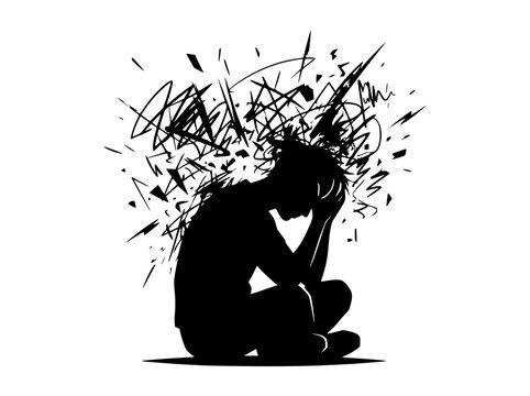 Silhouette of person with chaotic thoughts, mental stress, anxiety, depression, breakdown