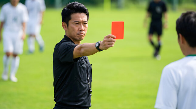 soccer referee showing a red card to warn the player during match