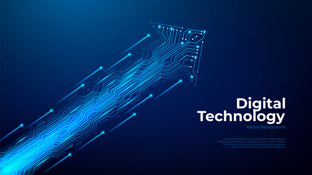 Digital technology background concept. Digital data flow concept. Vector illustration with growing technology stream in arrow shape. Futuristic digital concept of data stream, tech connection, growth.