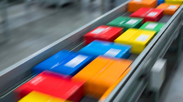 colorful packages moving quickly on a conveyor belt in logistics center