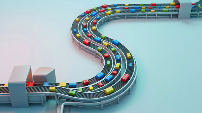 colorful parcels on conveyor belt in logistics sorting system