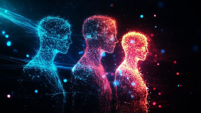 Three human profiles made of vibrant digital particles in blue, red, and orange hues