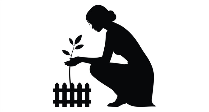 Silhouette of a woman crouching and planting a small sapling with a tiny fence in front of her on a white background