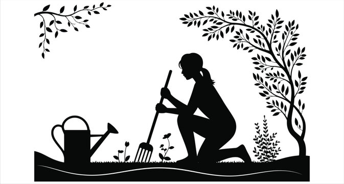 Silhouette of a woman gardening with a watering can and fork under a tree with branches and leaves Keywords: woman