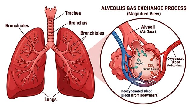 A detailed diagram of the human respiratory system focusing on gas exchange