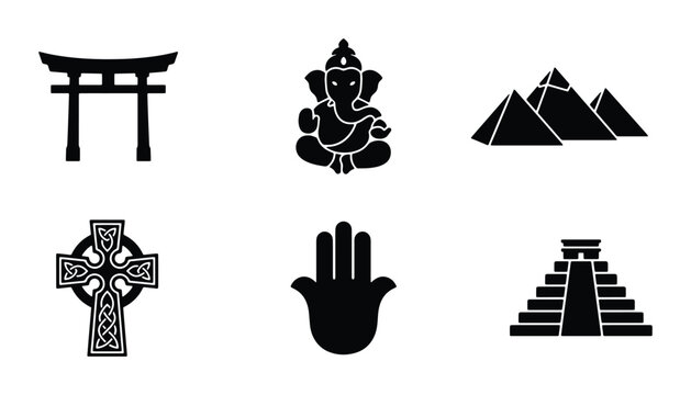Global Cultural Symbols Vector Icons: Torii Gate, Ganesha, Pyramids, Celtic Cross, Hamsa, Mayan Temple