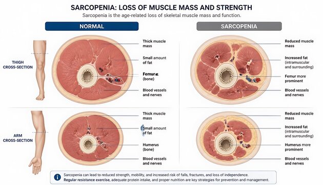 Sarcopenia muscle mass and strength loss comparison diagram with sarcopenia