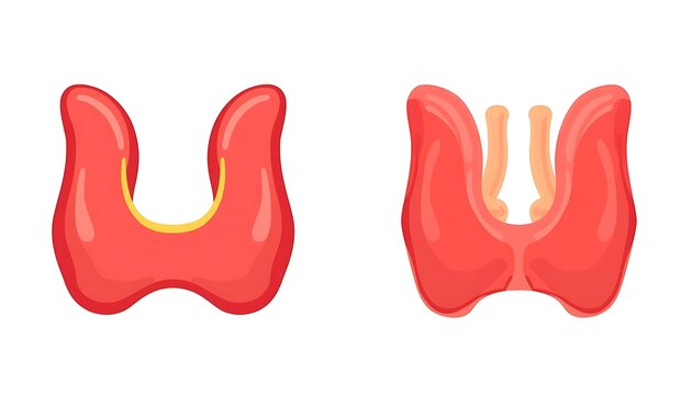 Two red thyroid glands with yellow interiors on white background, interior