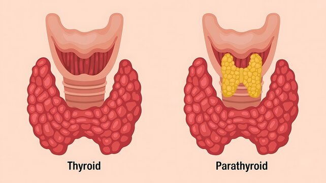 Diagram of thyroid and parathyroid glands with highlighted parathyroid, medicine