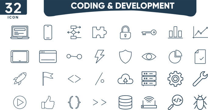 Coding and Software Development Line Icons Set, Programming Languages and Cloud Computing Symbols, App Engineering Outline Vector Elements