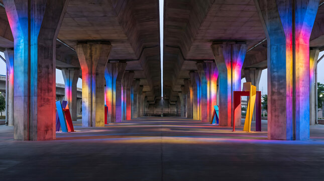 Colorful light projections on concrete pillars under an urban overpass bridge structure