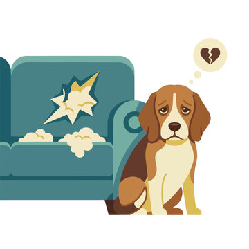 Beagle dog with guilty expression sitting next to a torn sofa. Flat design vector illustration. Pet behavior and damaged furniture concept isolated on white background