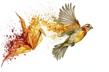 Obraz premium Watercolor bird transforming from origami crane on white background