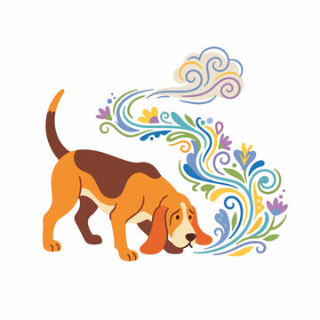 Bloodhound dog tracking scent with colorful olfactory trail. Flat vector illustration of sniffing hound isolated on white background