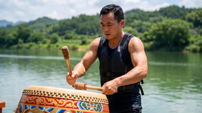 man wearing life vest beating dragon boat drum with focus and strength on river