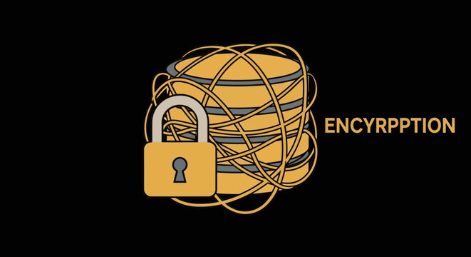 Database Encryption and Cyber Security Concept Illustration with Padlock and Tangled Wires on Black Background