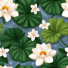 Obraz premium White lotus flowers and green lily pads float on calm water, creating a serene and natural aquatic scene.