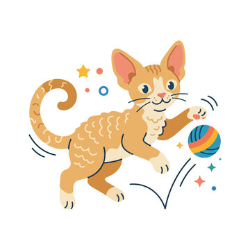 Playful Devon Rex kitten catching a ball. Cartoon cat vector illustration. Flat design isolated on white