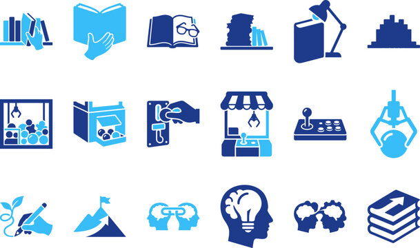 Collection of modern blue icons representing education, learning, books, and self development.